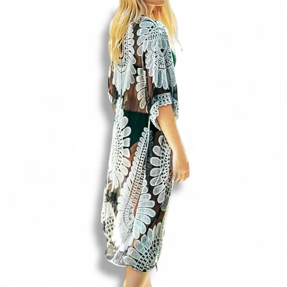 Cupshe (L) Black Bohemian Lace Crochet Kimono-Style Swim Coverup – Sheer Embroid